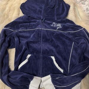 Jennifer Lopez JLO Girl Cropped Y2K Navy Velour Zip-Up with Silver Accents
